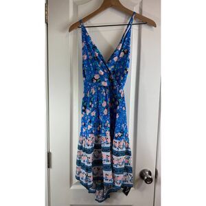 Senfure Women's Blue Floral Sun Dress Open Tie Back Polyester Rayon Size S Small